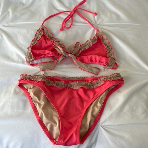 NWOT-Victoria’s Secret Coral Ruffle Trim String Bikini Set - Picture 3 of 12